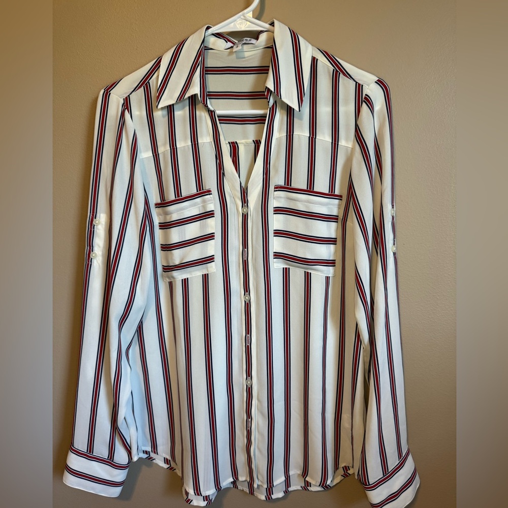 Express White Blouse With Red and Blue Stripes